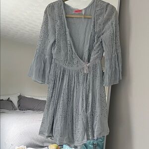 Light Blue Free People “Winter Solstice” Beaded Wrap Dress, size 4